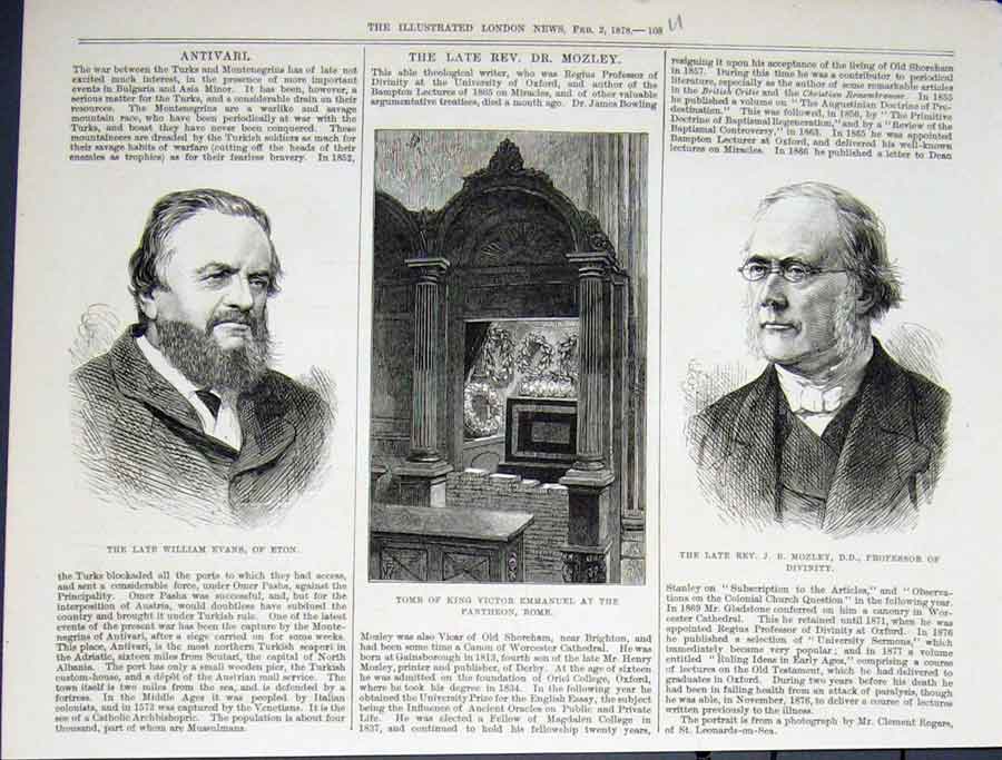 Old Antique Print Portrait Evans Mozley Tomb Emmanuel Pantheon Rome 1878 19th
