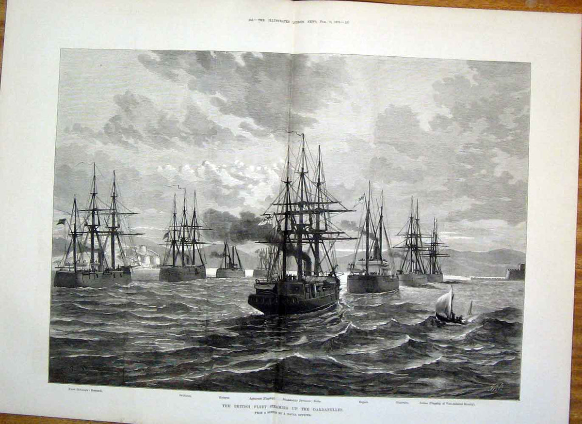 Original Old Antique Print Dardanelles British Fleet Ship Agincourt 1878 19th