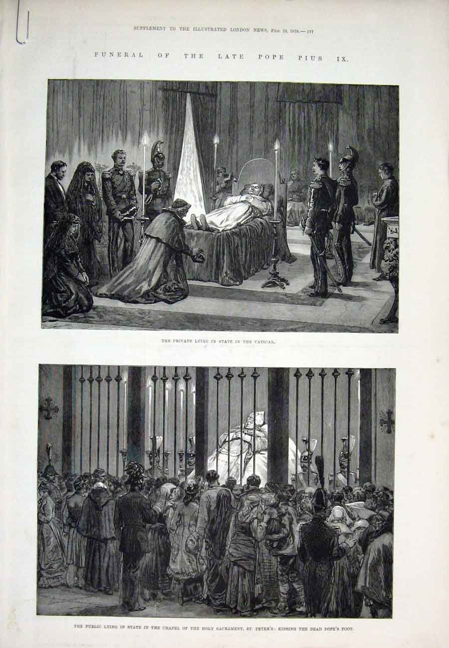 Original Old Antique Print Vatican Rome Italy Pope Sarcophagus St Peters 1878