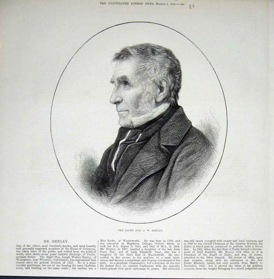 Original Old Antique Print Portrait Henley House Commons 1878 19th
