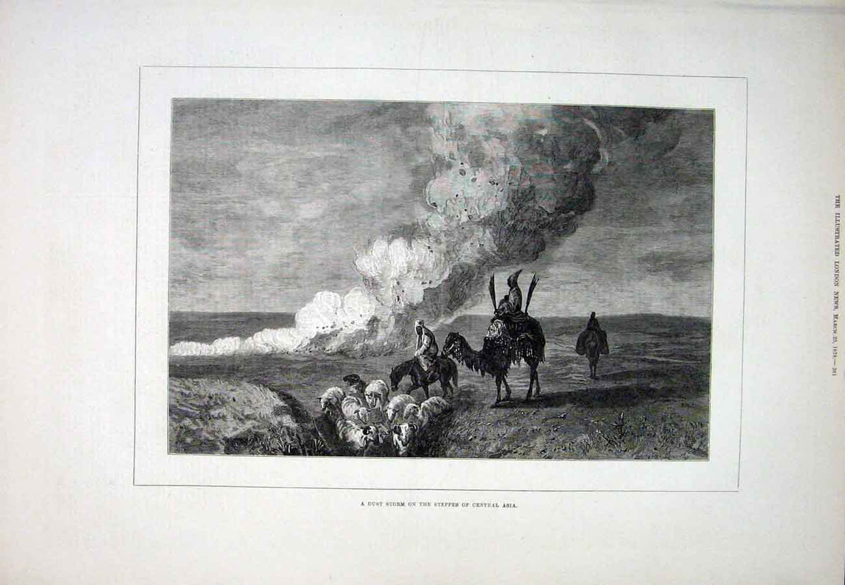 Original Old Antique Print Asia Steppes Storm Camel Sheep 1878 19th