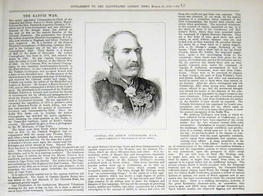 Original Old Antique Print Portrait Cunynhame South Africa Kaffir War 1878 19th