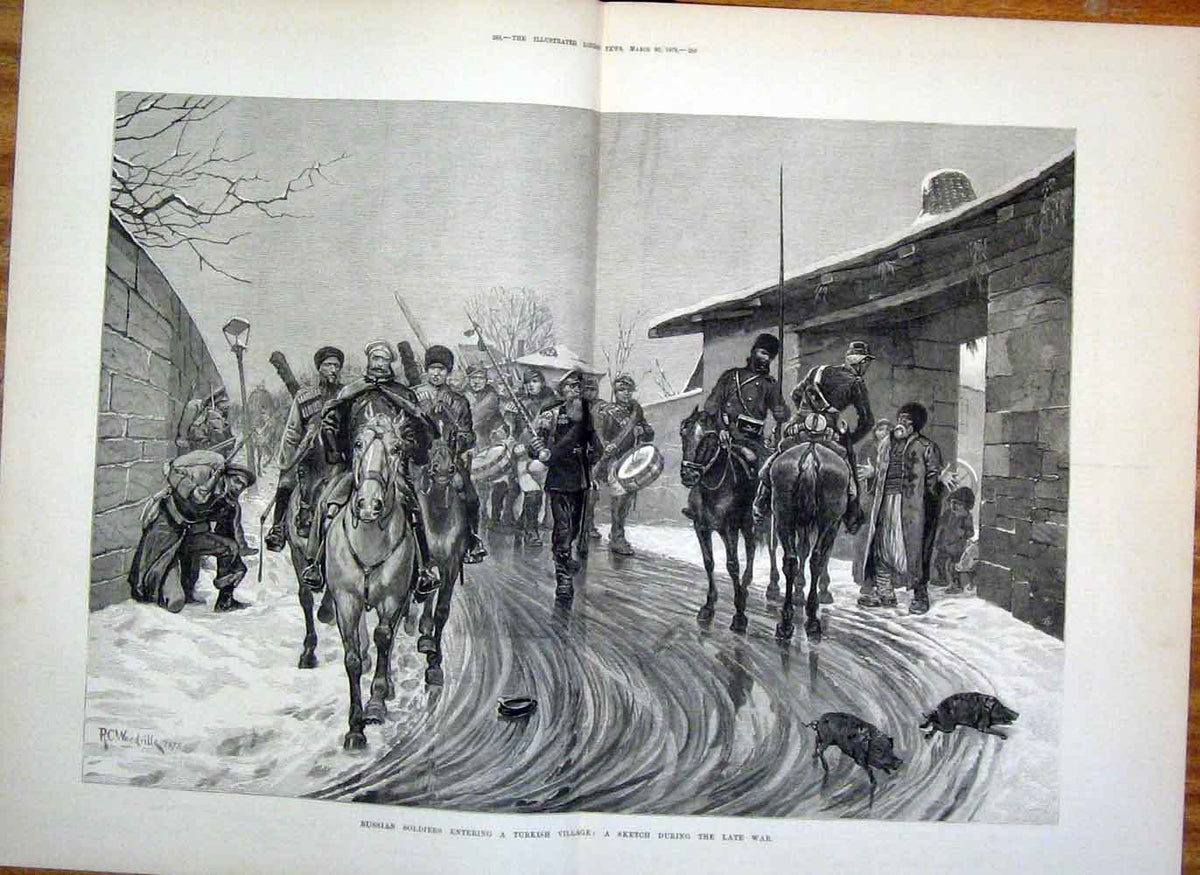 Original Old Antique Print Russian Siers Turkish Village Turkey War 1878 19th