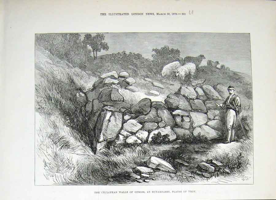 Original Old Antique Print Gergis Bunarbashi Troy Farmer Sheep 1878 Victorian