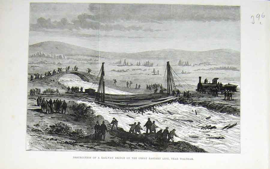 Original Old Antique Print Railway Bridge Waltham Eastern Train 1878 Victorian