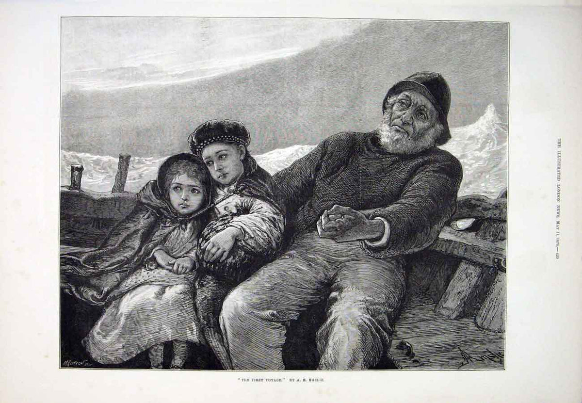 Original Old Antique Print First Voyage Emslie Painting 1878 19th