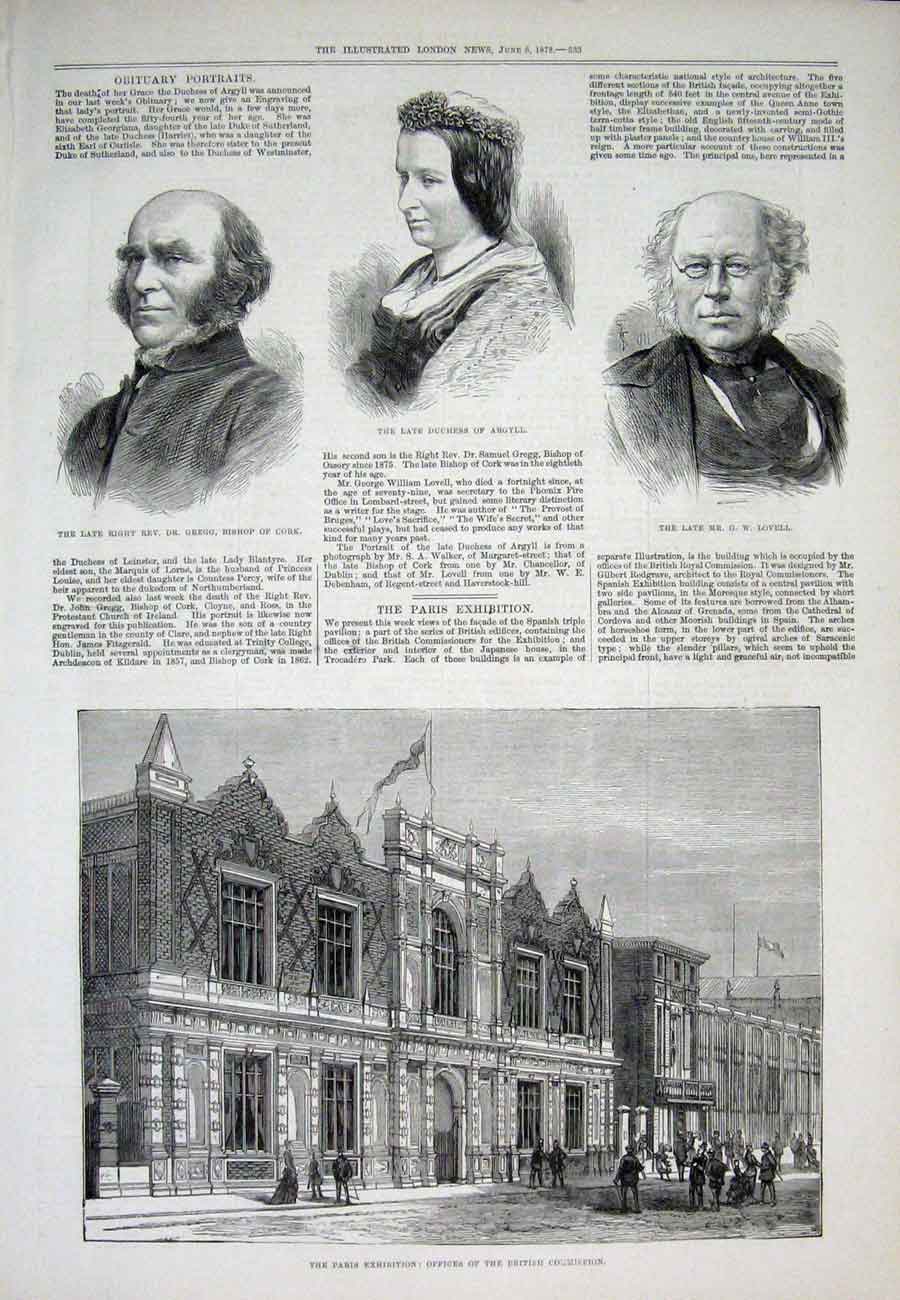 Original Old Antique Print Trocadero Gregg Lovell Argyll Redgrave Portrait 1878