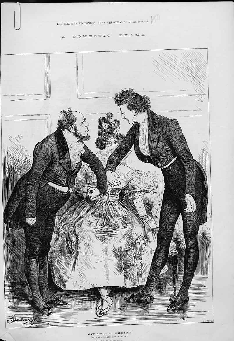 Original Old Antique Print Domestic Drama - The Choice The Victory