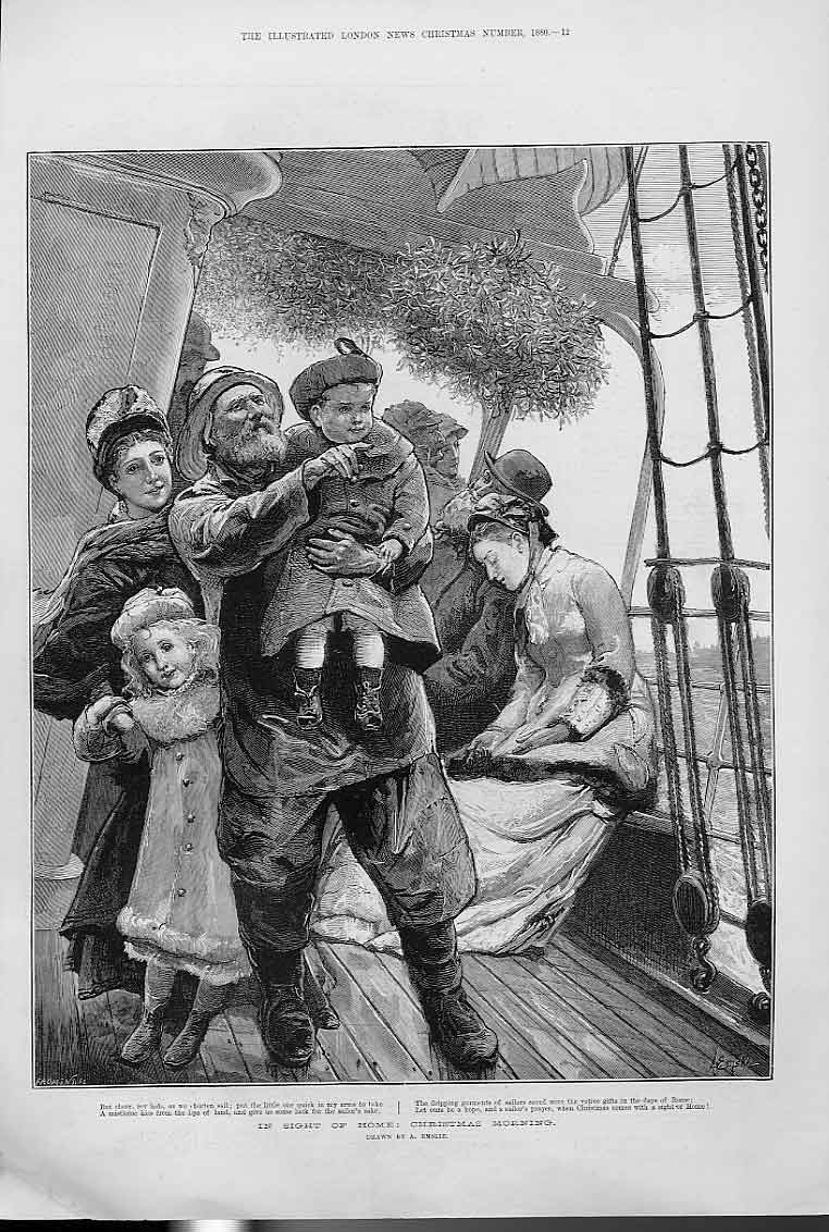 Original Old Antique Print Christmas Morning In Sight Home By Emslie Fine Art