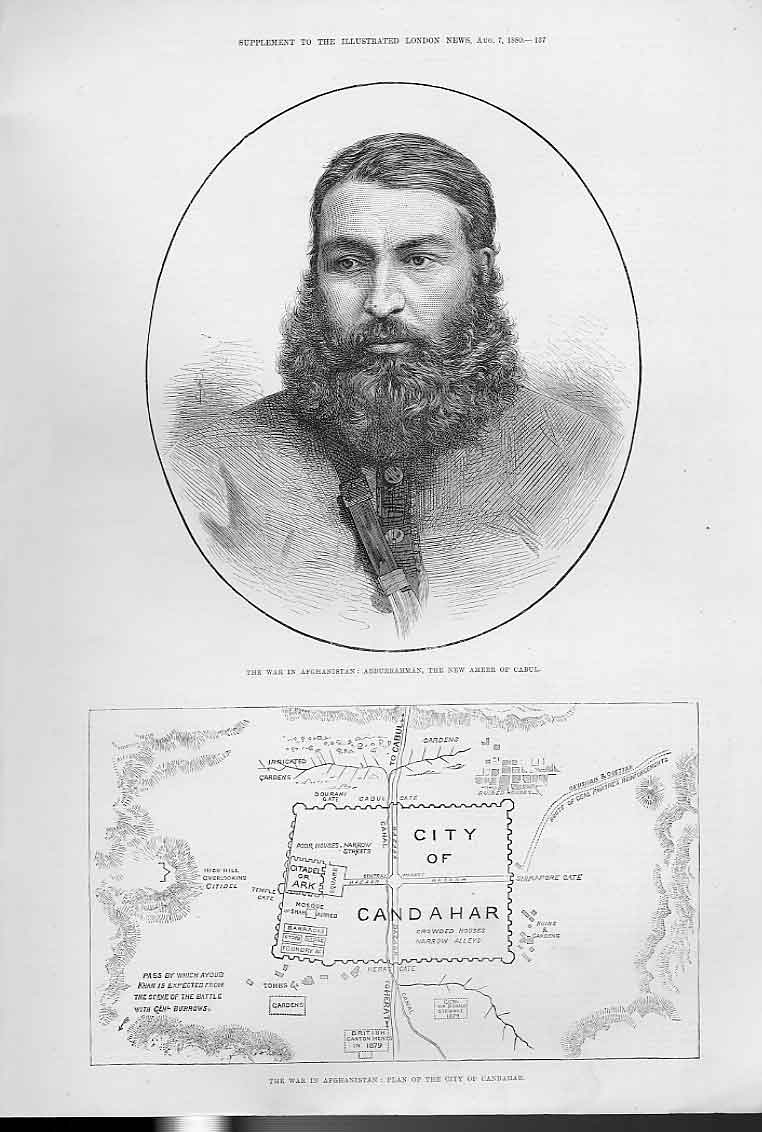 Original Old Antique Print Abudurrahman Ameer Cabul & Map City Cabul 1880 19th