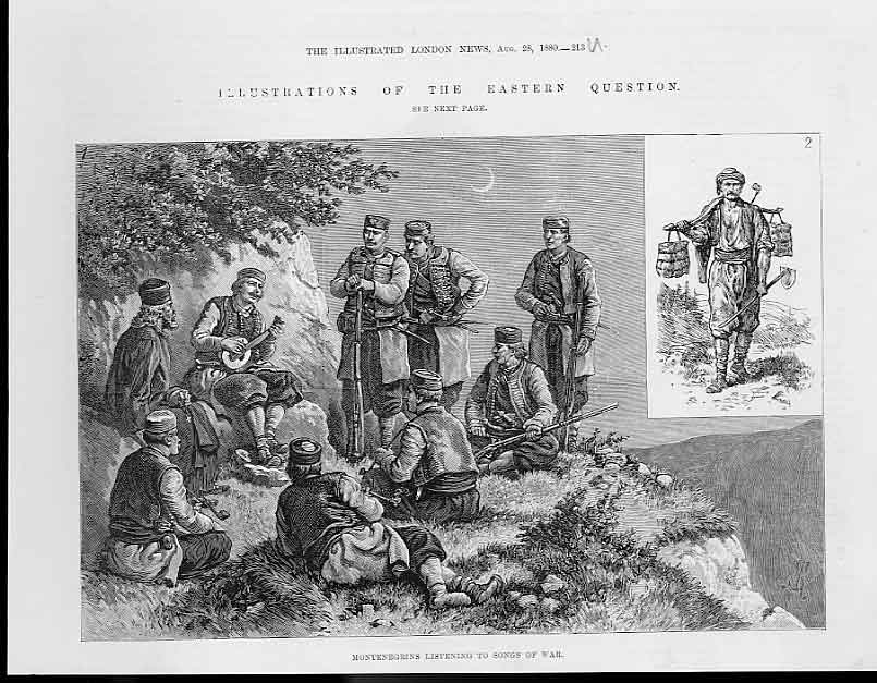 Original Old Antique Print Mkontenegrians Listening Songs War 188 Victorian