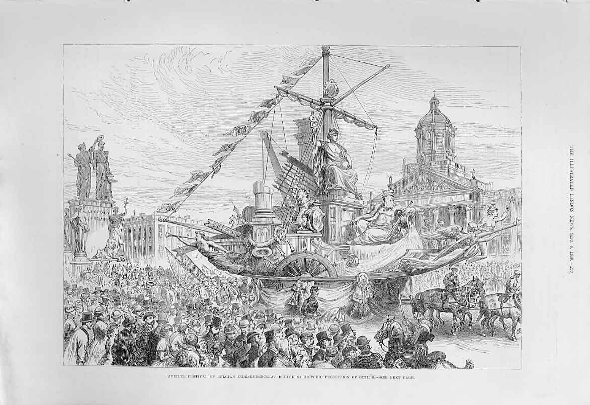 Original Old Antique Print Belgian Independence At Brussells Procession Guilds