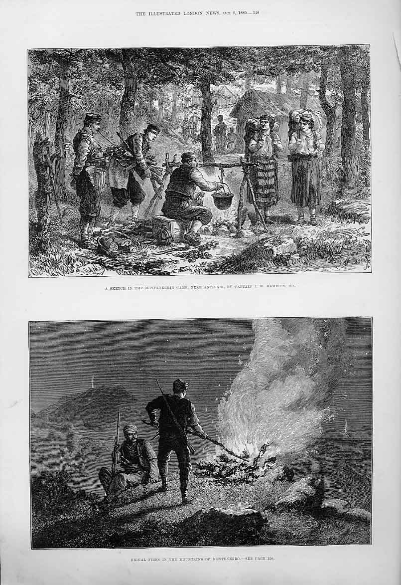 Original Old Antique Print Signal Fires & Montenegrin Camp Nr Antivari 1880 19th