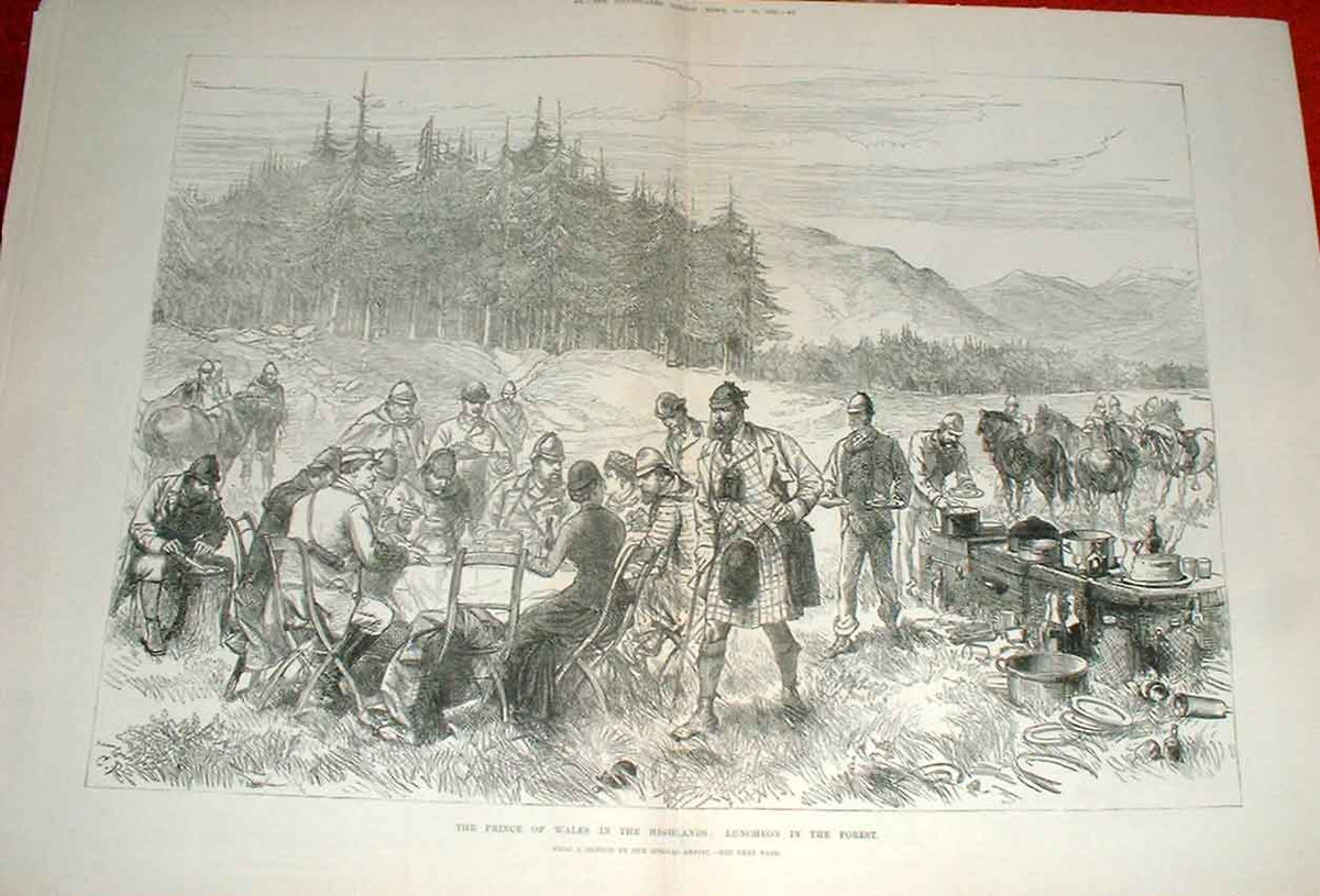 Original Old Antique Print Prince Wales Lunch In Highlands Scotland 1880 19th