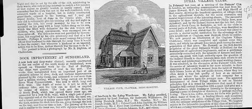 Original Old Antique Print Village Club Clapham Bedfordshire 1880 Victorian