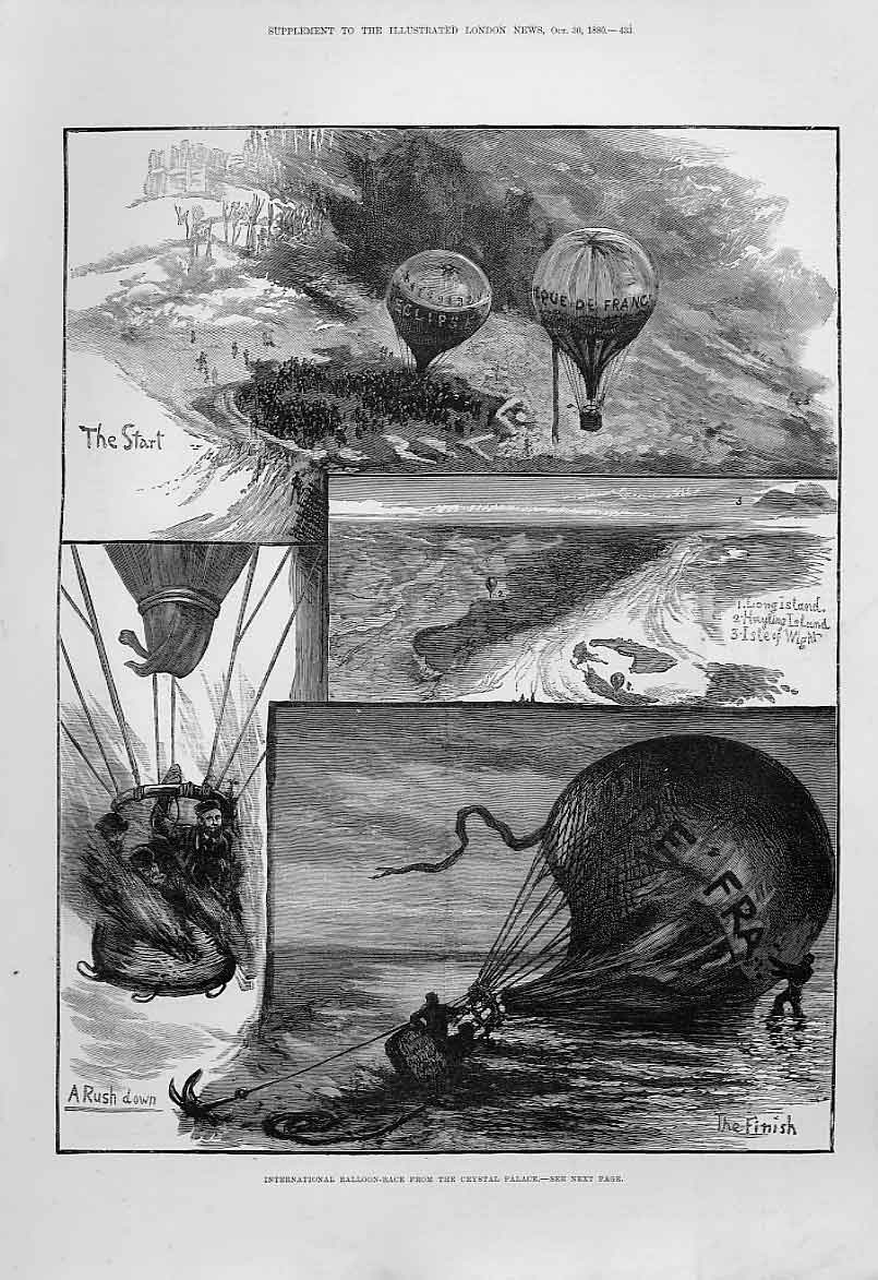 Original Old Antique Print International Balloon Race From Crystal Palace 1880