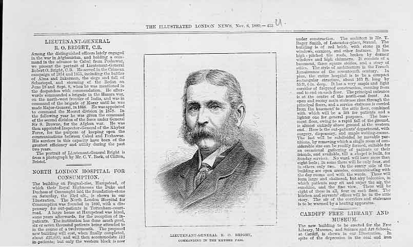 Original Old Antique Print Gen R O Bright Commander Kyber Pass 1880 Victorian