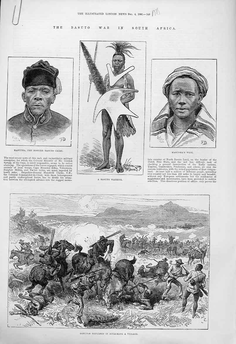 Original Old Antique Print Basuto War In South Africa 1880 Masupha Victorian