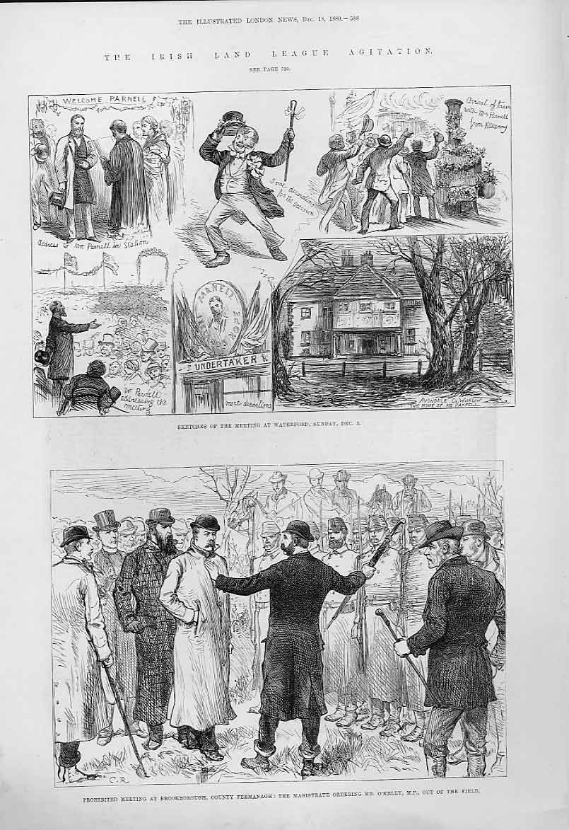 Original Old Antique Print Irish Land League Meetings Waterford & Brookborough