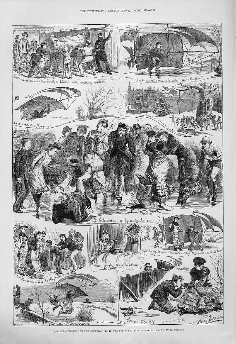 Original Old Antique Print Happy Christmas In The Country 1880 19th