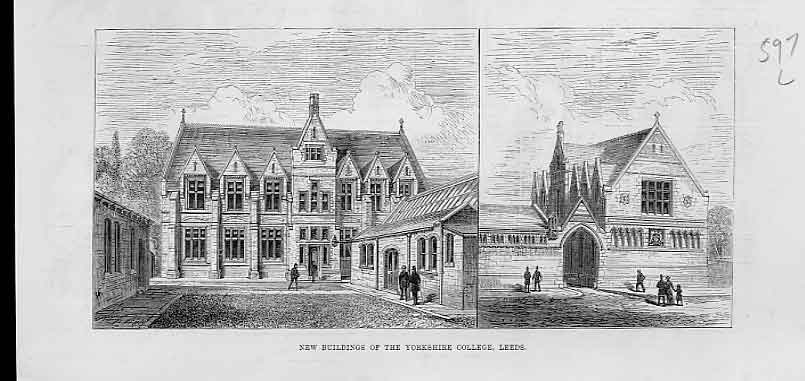 Original Old Antique Print New Building Yorkshire College Leeds 1880 Victorian
