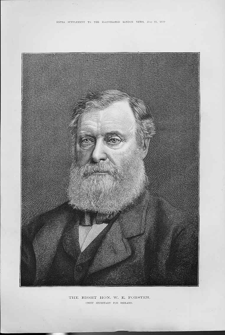 Original Old Antique Print W E Forster Secretary Ireland 1880 Portrait Victorian