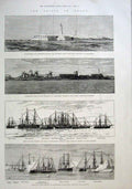 Original Old Antique Print Forts & Ships Guarding Alexandria Egypt 1882 19th