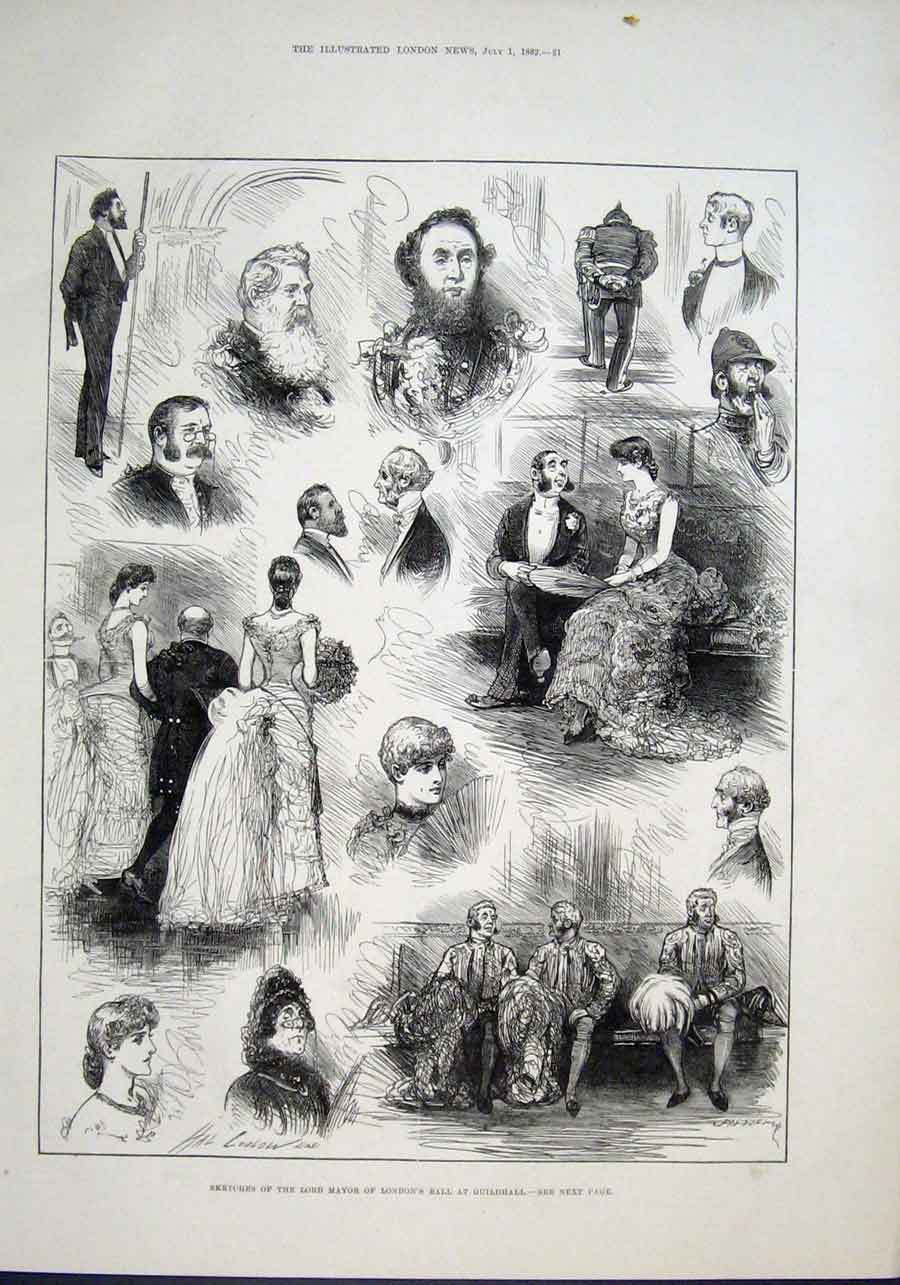 Original Old Antique Print Lord Mayor'S London Ball At Guildhall 1882 Victorian