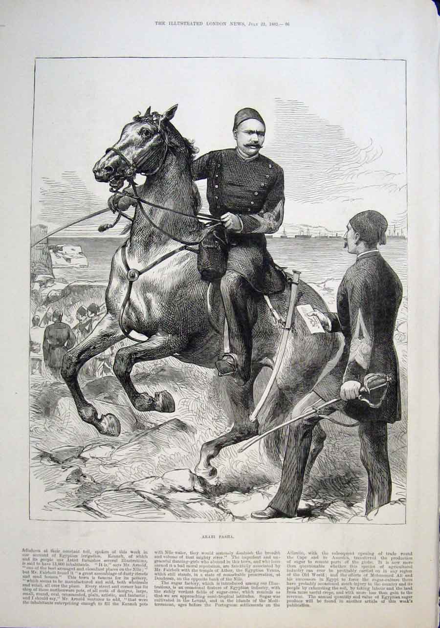 Original Old Antique Print Portrait On Horse Arabi Pash 1882 19th