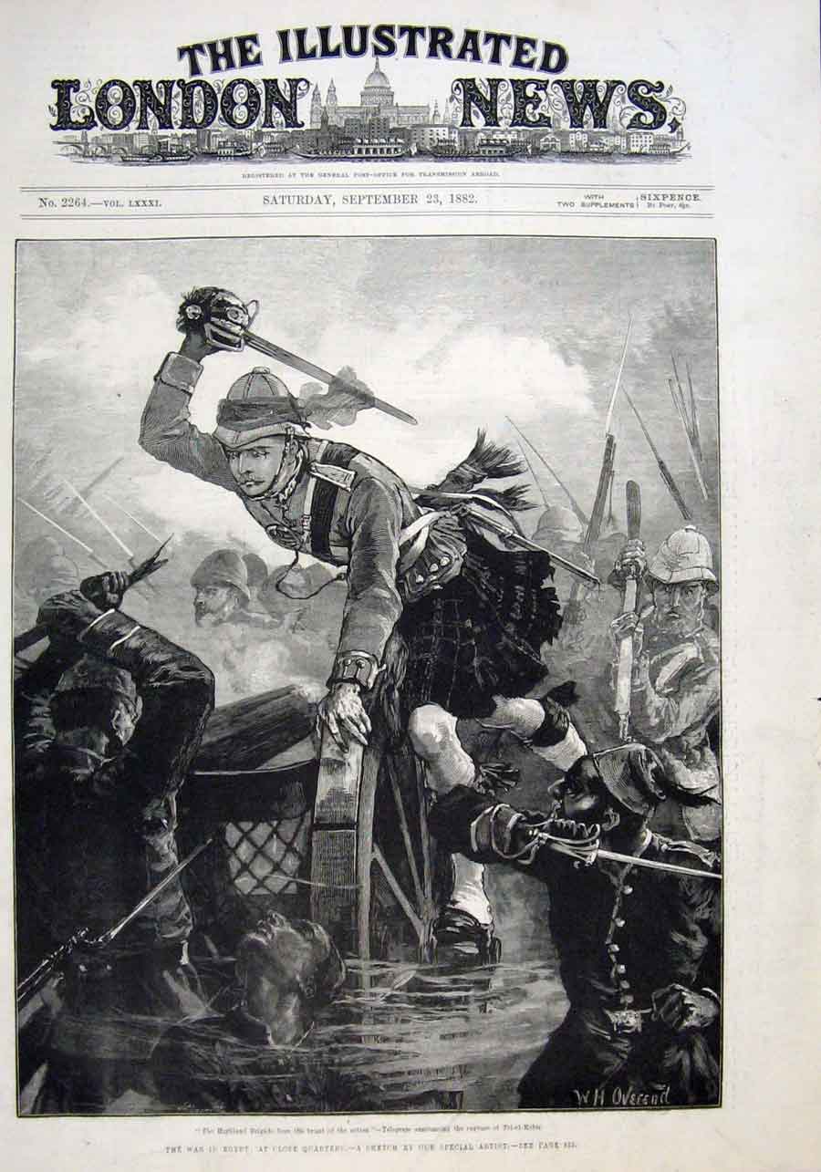 Original Old Antique Print Close Quarter Action For Highland Brigade 1882 War