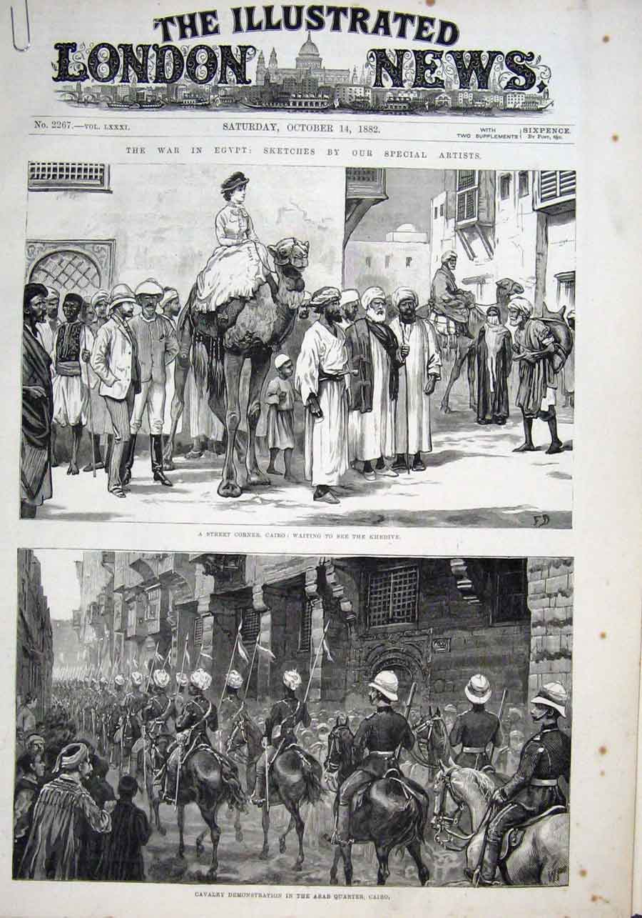 Old Antique Print Waiting To See Khedive Cavalry In Arab Quarter Cairo 20th