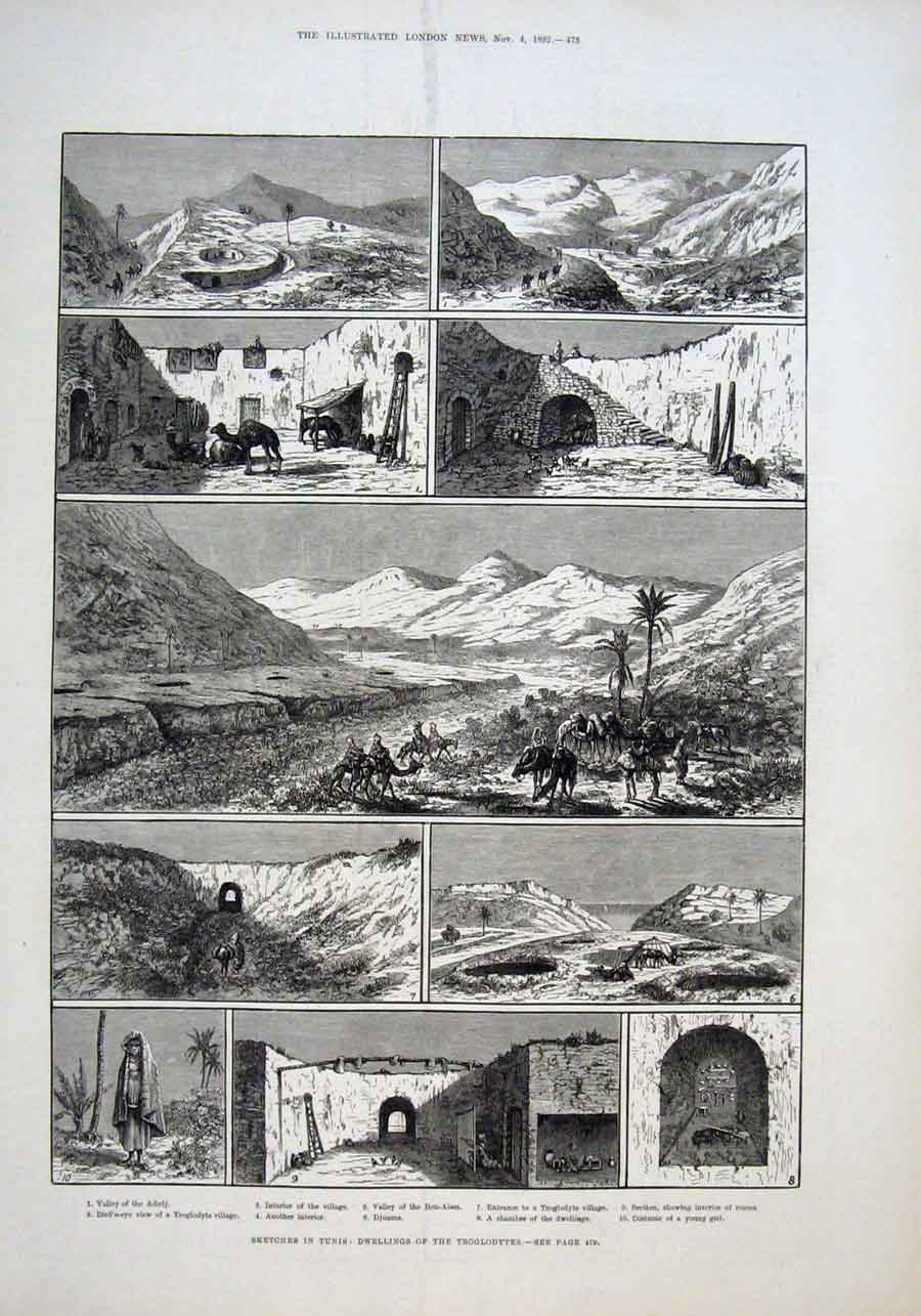 Original Old Antique Print Tunis Sketches Dwellings Troglodytes 1882 Victorian