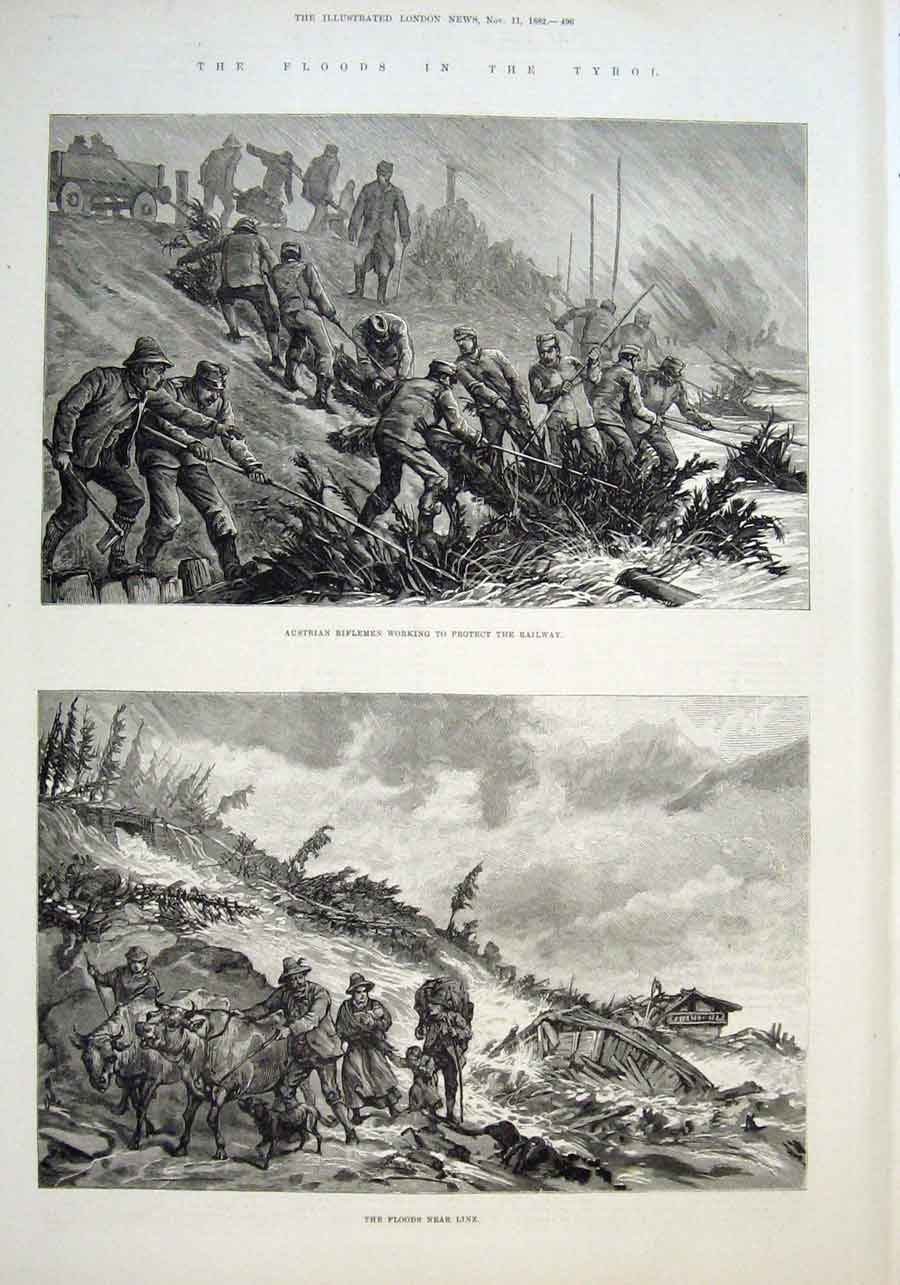 Original Old Antique Print Floods In Tyrol Austria 1882 19th Century