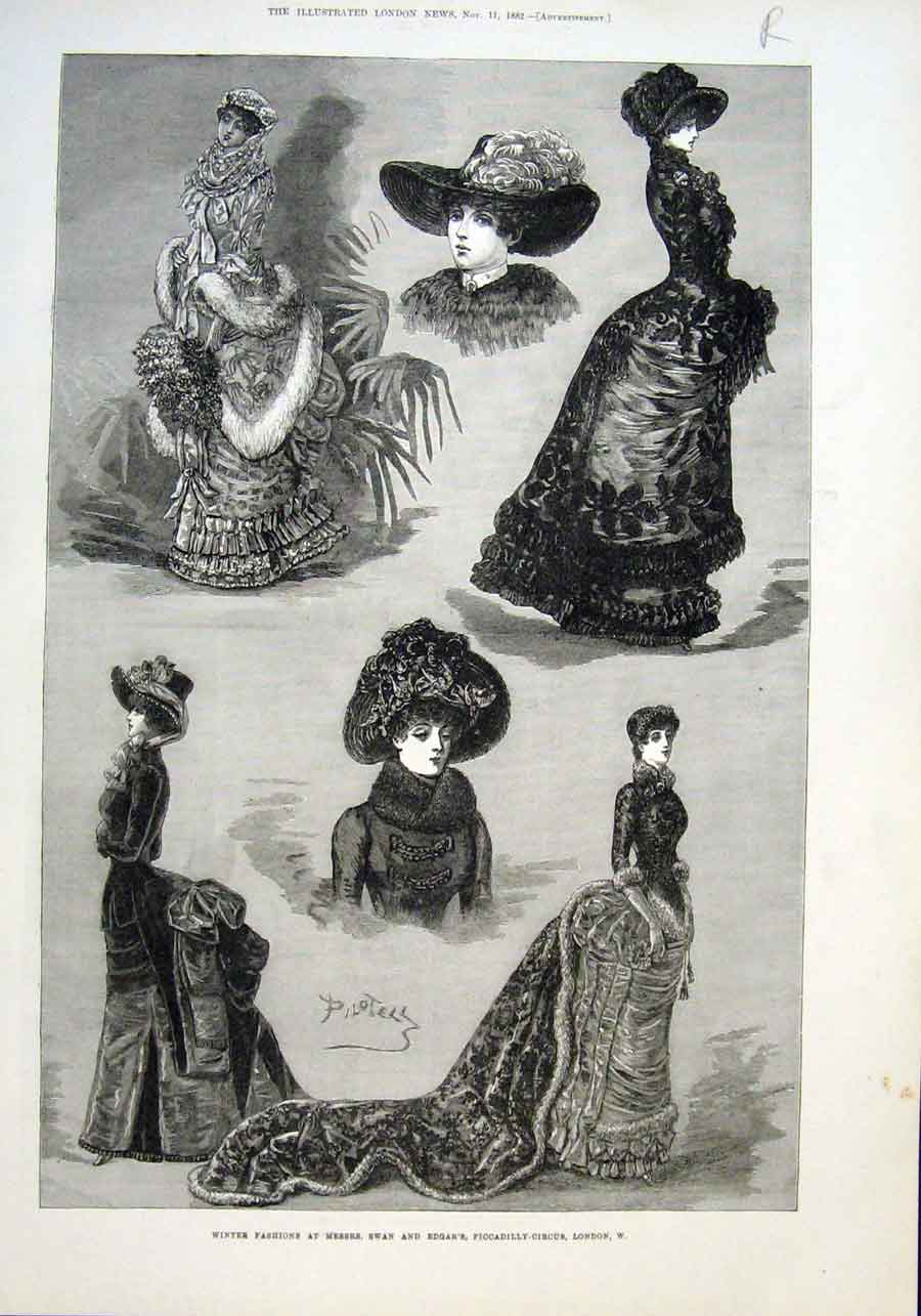 Original Old Antique Print Winter Fashions Piccadilly & Glacier Engadine 1882