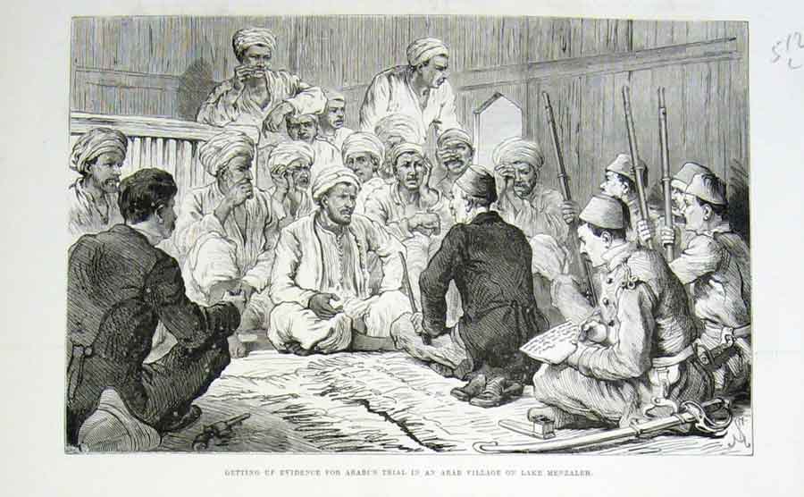 Old Antique Print Collecting Evidence Arabi Trial Arab Village Lake Menza