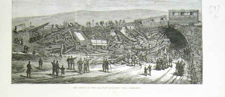 Original Old Antique Print Railway Accident Nr Aberdeen 1882 Scotlan Victorian