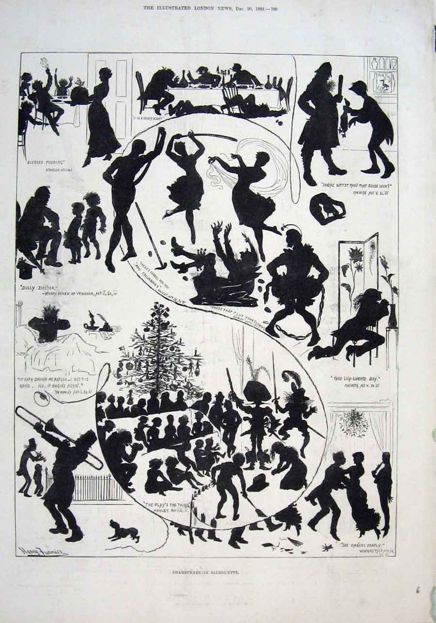 Old Antique Print John Brinstead Piano Factory 1882 & Shakespear Silhoutt 19th