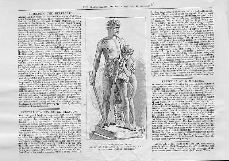 Original Old Antique Print Shielding The Helpers Statue By Stephens