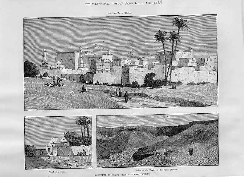 Original Old Antique Print Ruins Thebes Egypt 1883 19th Century
