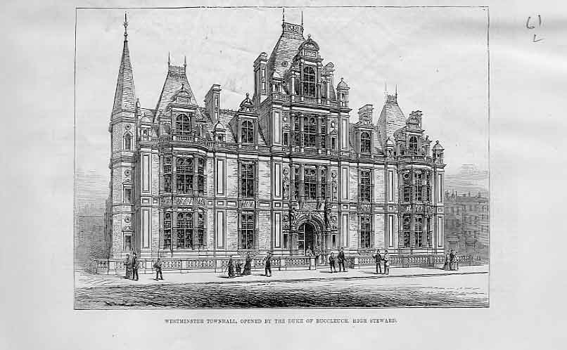 Original Old Antique Print Westminister Town Hall Oppened 1883 19th
