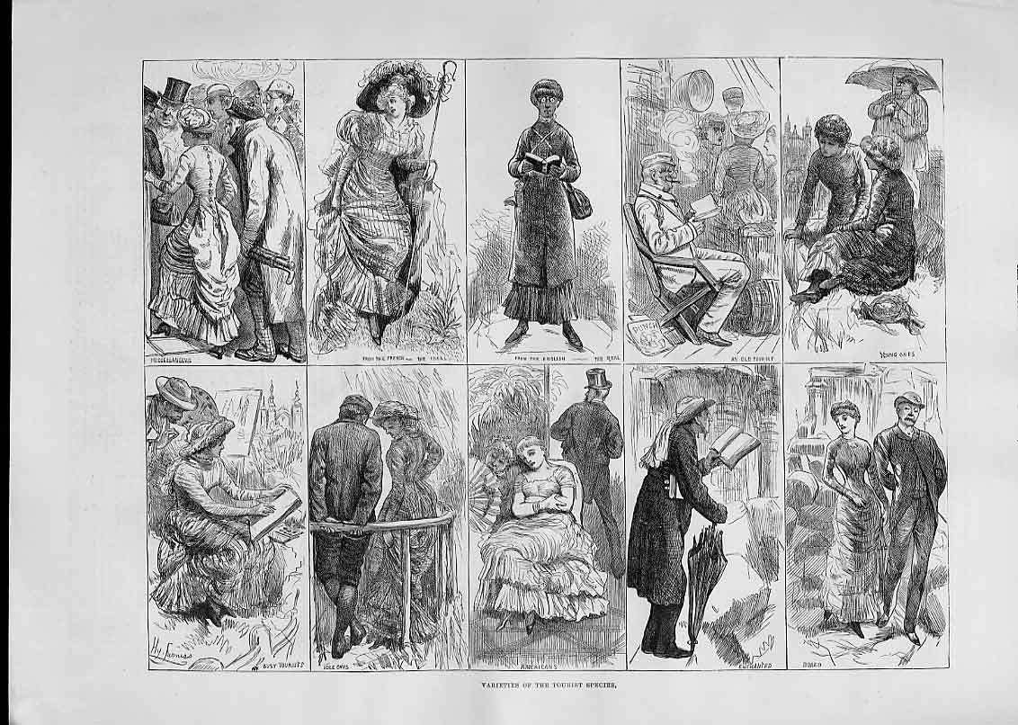 Original Old Antique Print 1883 Tourist Species French English Americans 19th