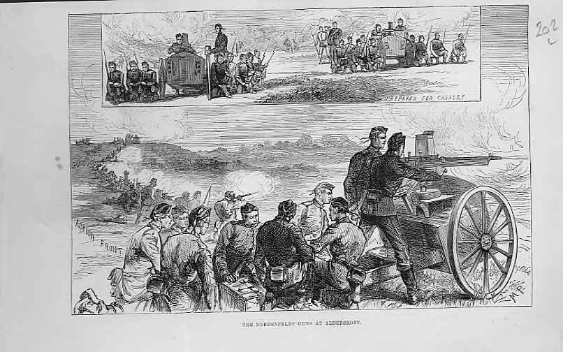 Original Old Antique Print Nordenfeldt Guns At Aldershott 1883 19th