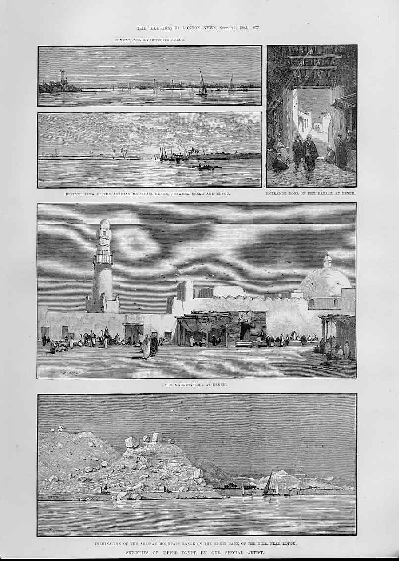 Original Old Antique Print Essneh & Edfou 1883 Egypt 19th Century
