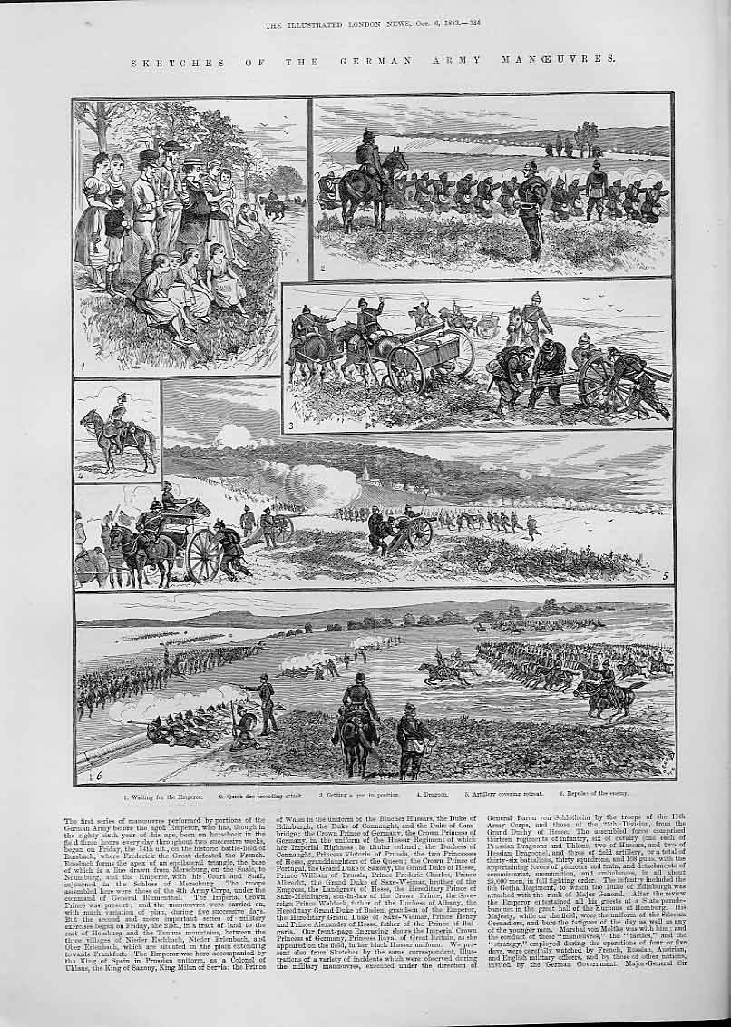 Original Old Antique Print German Army Manoeuvres Rossbach 1883 19th