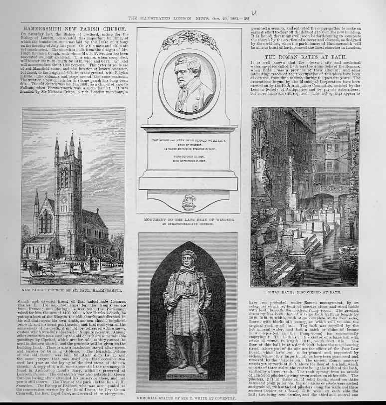 Original Old Antique Print St Pauls Hammersmith Parish Roman Baths Bath 1883