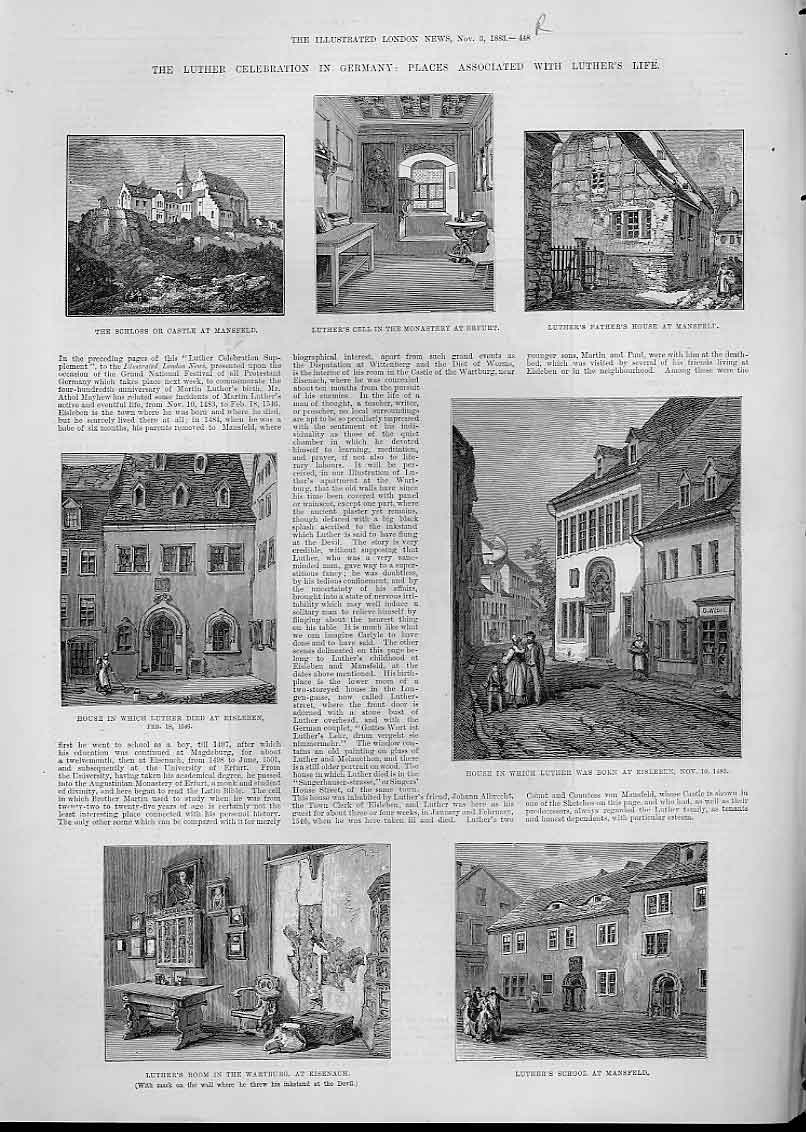 Original Old Antique Print Places In Life Luther Germany Mansfield