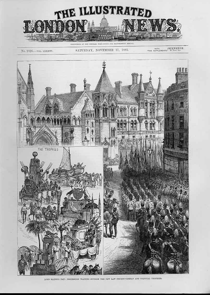 Original Old Antique Print New Law Courts London 1883 Indian Trophies Victorian