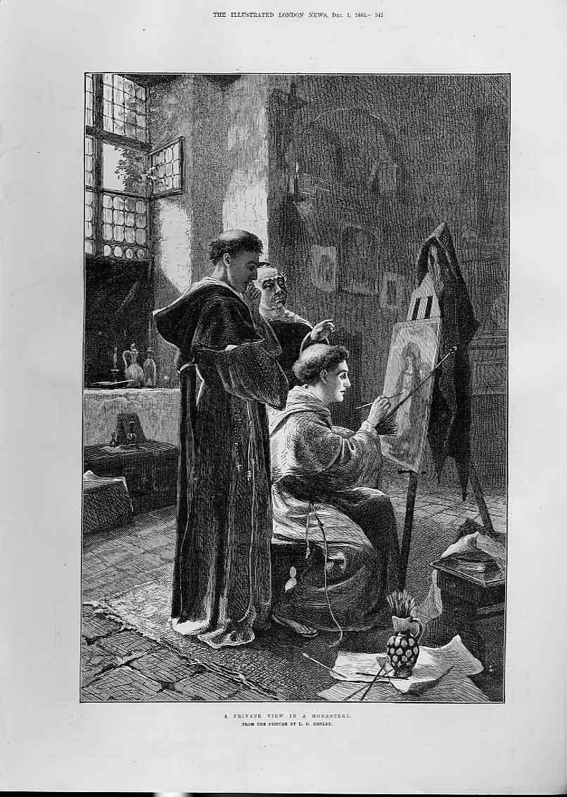 Original Old Antique Print Private View In Monastry By Henley