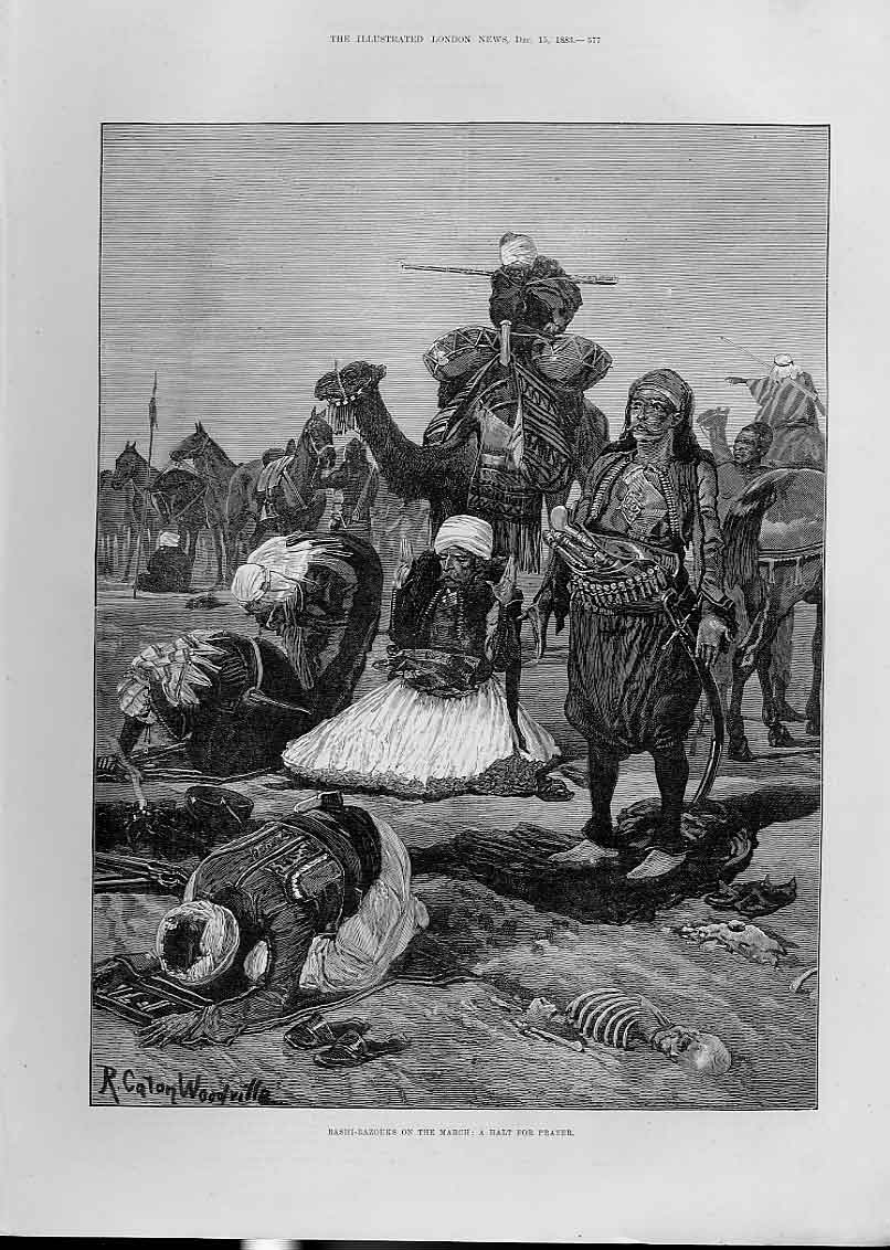 Original Old Antique Print Bashi Bazouks On March Halt For Prayer