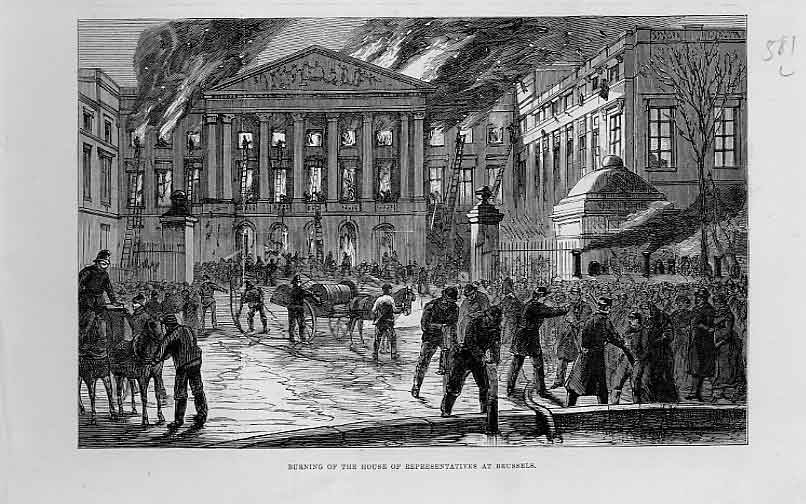 Original Old Antique Print Burning House Representatives Brussels 1883 Belgium